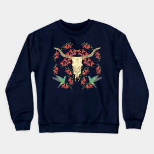 Western Cow Skull with Hummingbirds and Flowers Crewneck Sweatshirt